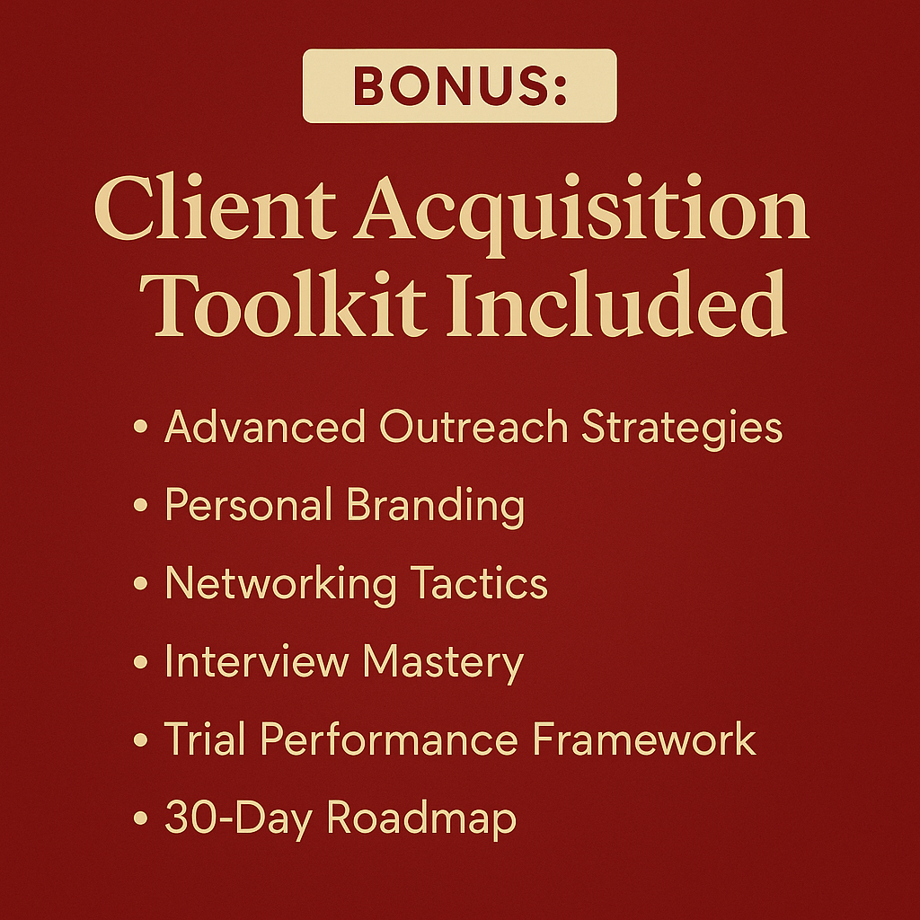 Bonus: Client Acquisition Toolkit included with the Setter Launch Starter Kit, featuring advanced outreach, personal branding, networking, interviews, and 30-day roadmap.Bonus client acquisition toolkit included in the Setter Launch Starter Kit — outreach, branding, networking, interviews