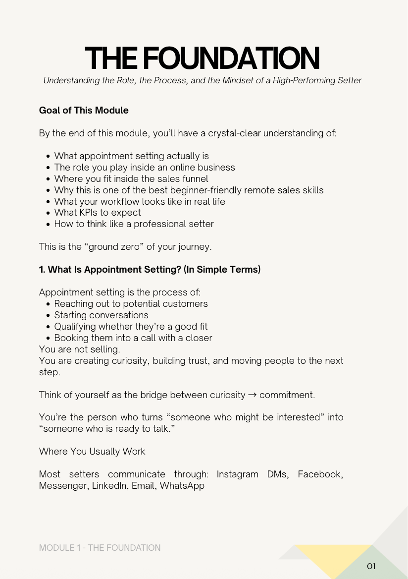 Preview of Module 1 Foundations — understanding the appointment setter role and sales funnel